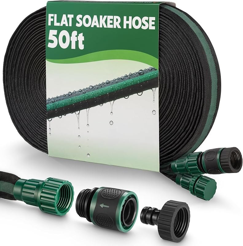 Flat Soaker Hose 50ft for Garden // Drip Hose for Garden Beds, Lawns and Trees // Heavy Duty Leakproof Design with