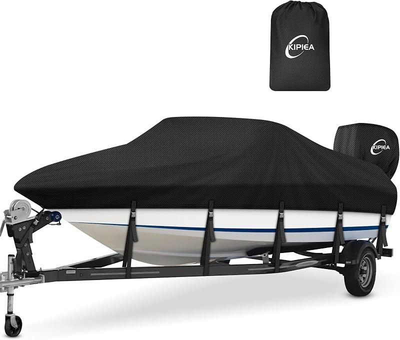 Kipiea 1300D Boat Cover - Heavy Duty Waterproof Boat Covers and Motor Cover, Double PU Waterproof, Fits V-Hull, Fish &
