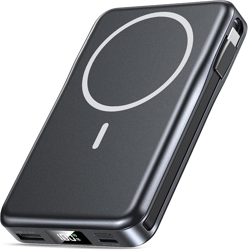 Magnetic Portable Charger 10000mAh, 20W Power Bank with Built in Cable — power bank for best iPhone 15 Pro accessories