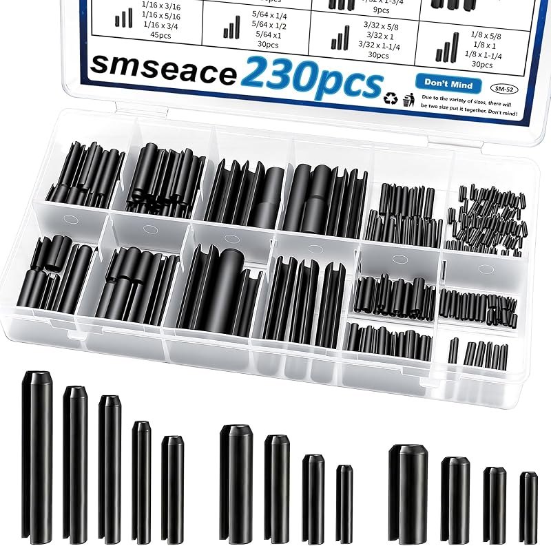 230Pcs Roll Pin Assortment Kit SAE Slotted Spring Pins 1/16 5/64 3/32 1/8 5/32 3/16 7/32 1/4 5/16 3/8 Inch for for