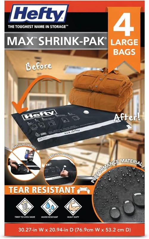 Hefty MAX Shrink-Pak Vacuum Seal Storage Bags for Clothing, Travel, Bedding — vacuum storage bags no leak for vacuum