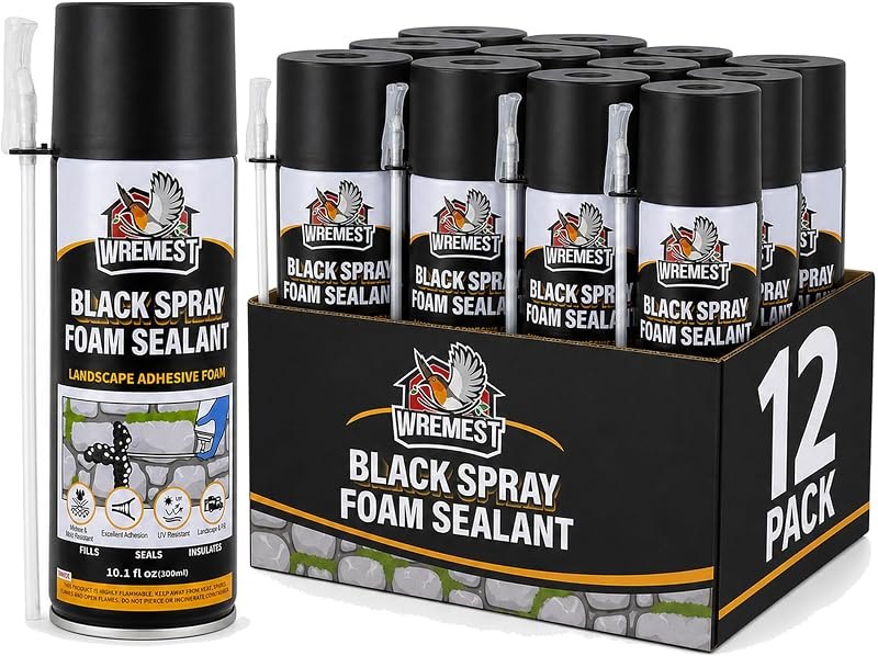 Black Spray Waterfall Foam Sealant,12 oz Can,12 Pack,Waterproof Polyurethane Expanding Pond Foam Sealer,Ideal for