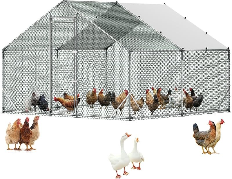 VEVOR Large Metal Chicken Coop,9.8 x 9.8 x 6.6 ft, Walk-in Chicken Run House with Waterproof Cover & Sturdy Frame