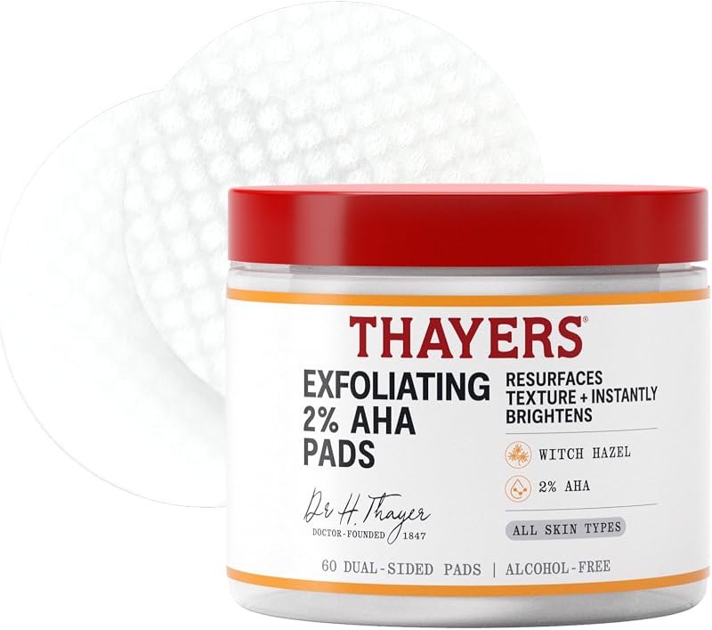 Thayers Exfoliating 2% AHA Toner Pads, Dual-Sided Exfoliating Pads with Witch Hazel, Glycolic Acid and Lactic Acid to