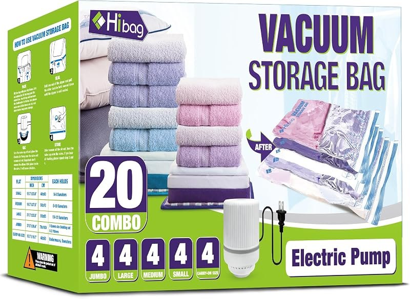 HIBAG Vacuum Storage Bags with Electric Pump, Vacuum Seal Bags for Clothing, Pillows, Blanket Bedding Comforters, 20