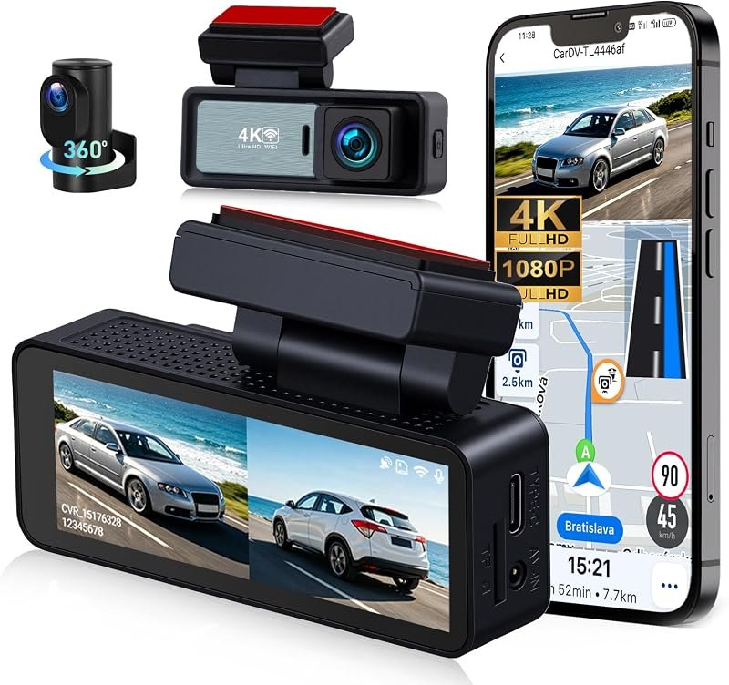4K Dash Cam Front and Rear, Built-in WiFi GPS Dash Camera for Cars, 2 Channel 3.16" IPS Touch Screen, Loop Recording