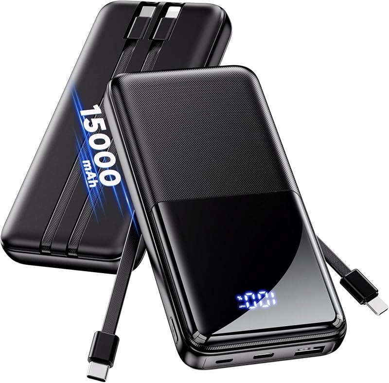 Portable Charger 15000mAh Slim Power Bank with Built in Cables — power bank for best Google Pixel 8 accessories