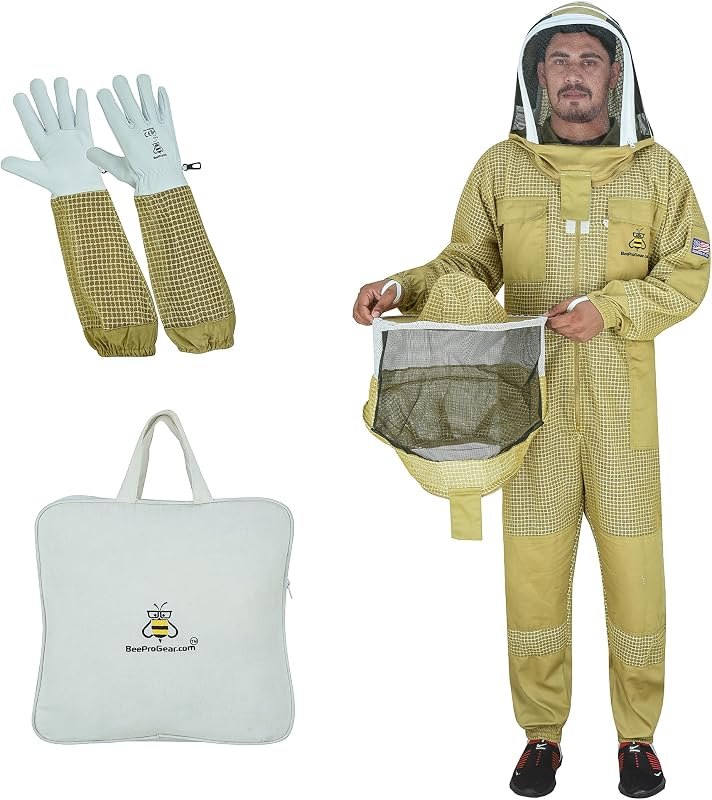 3-Layer Ventilated Mesh Beekeeping Suit for Men & Women - Sting Proof Full Body Suit with 2 Veils, Gloves & Bag — bee