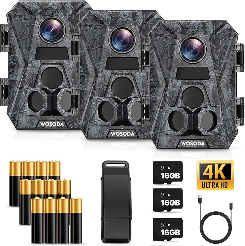 WOSODA 3 Pack Trail Cameras, 48MP 4K No-Glow Night Vision Game Camera, Trail Cam with Motion Activated, IP66