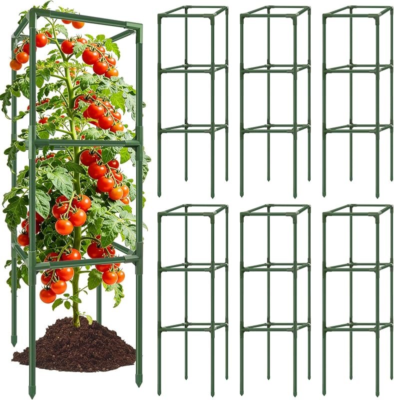 6 Pack 49" Square Tomato Cages, Heavy Duty Steel Tomato Trellis Kit — heavy duty tomato cage for heavy duty tomato cage