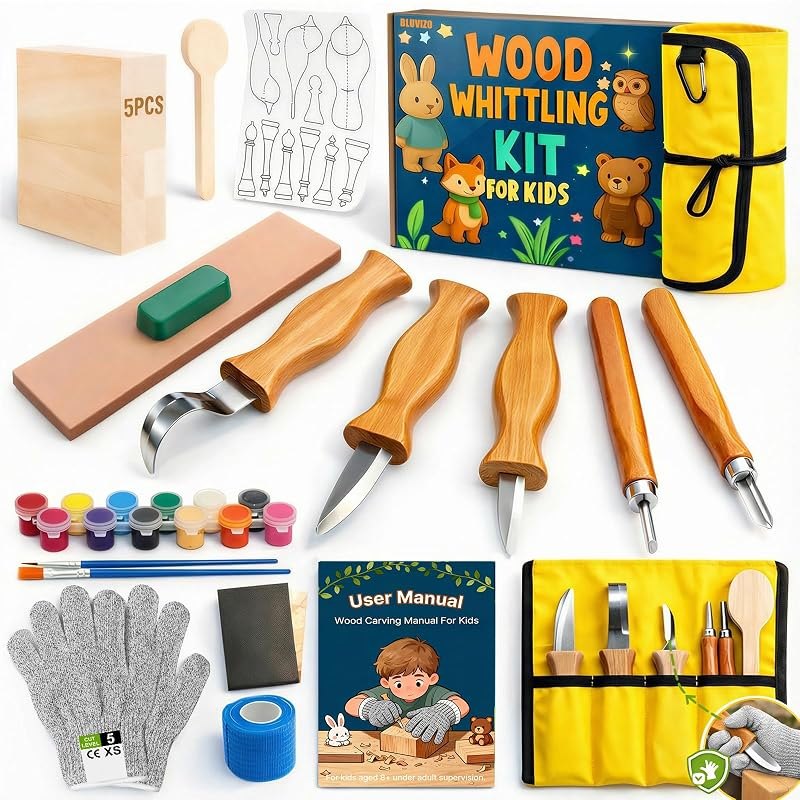 Wood Carving Whittling Kit for Kids: Round-Tip Knife Set with Storage Bag — Woodworking pack for woodworking kit