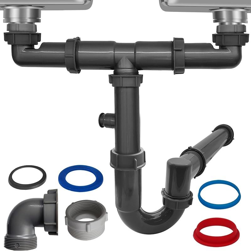 1-1/2" Double Sink Drain Pipe Kit with P-Trap, Wall-Outlet, Complete Plumbing Replacement for Double Kitchen Sinks — p