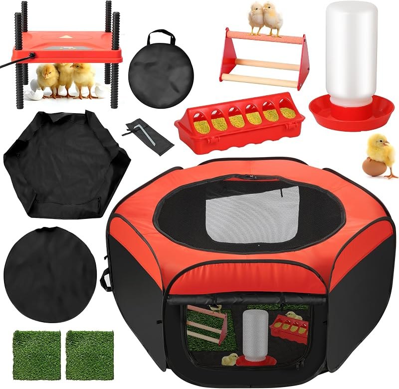 Chick Starter Kit 6-in-1 Chicken Brooder Box with 12"*12" Heating Plate — Waterers, nest boxes, and safe heat. for