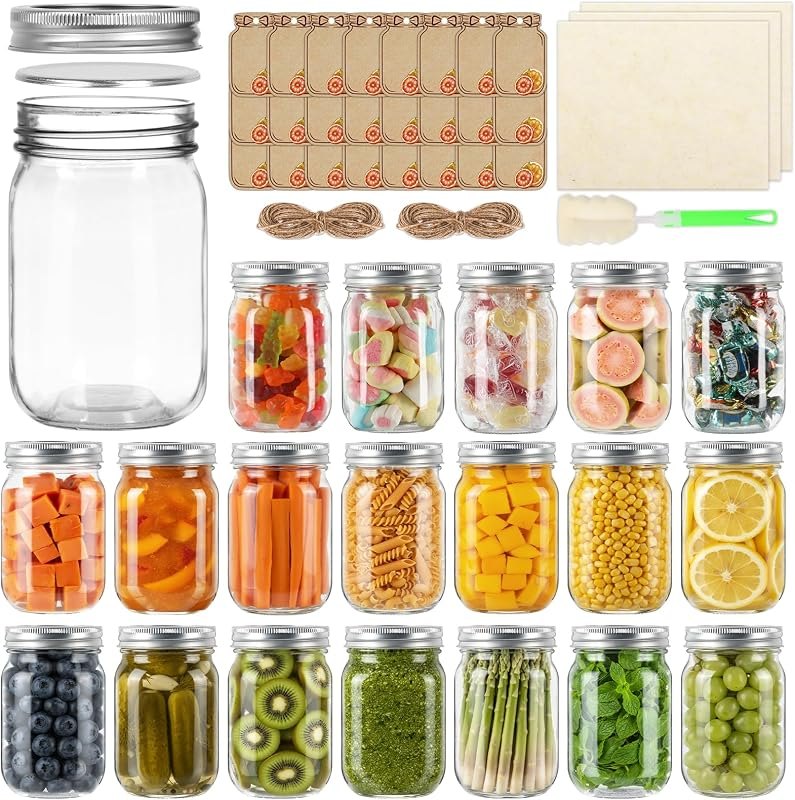 12 oz Mason Jars with Lids 20 Pack, Clear Canning Jars for Food Storage