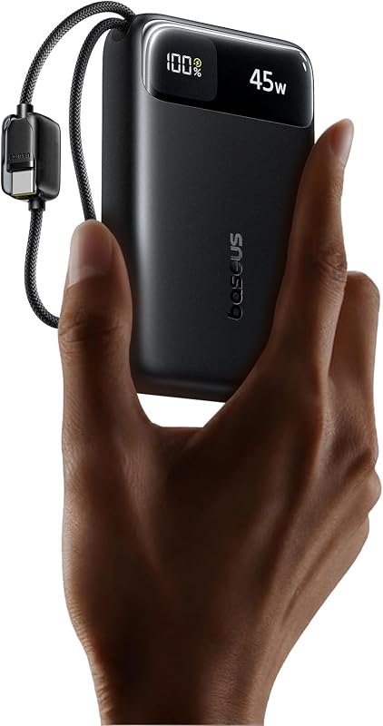 Baseus 20000mAh Compact Portable Charger 45W, CCC Certified Power Bank Built-in USB-C Cables, Travel Essential PD Fast
