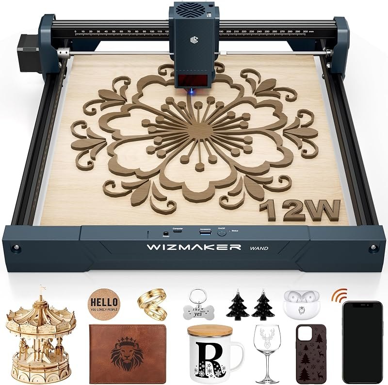 WIZMAKER Wand 12W Laser Engraver, 300×300mm High-Power Diode Laser Cutter for Wood, Leather, Paper, MDF, Felt, Coated