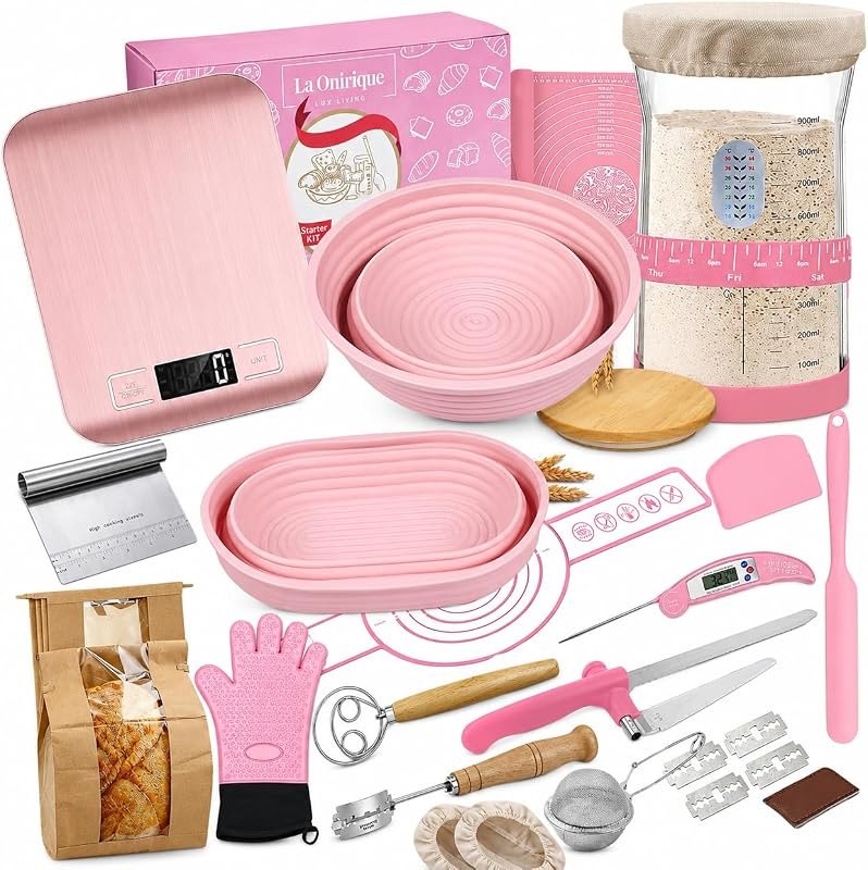 Pink Sourdough Starter Kit with Silicone Proofing Baskets, 36oz Starter Jar, Kitchen Scale, Thermometer, Danish Whisk