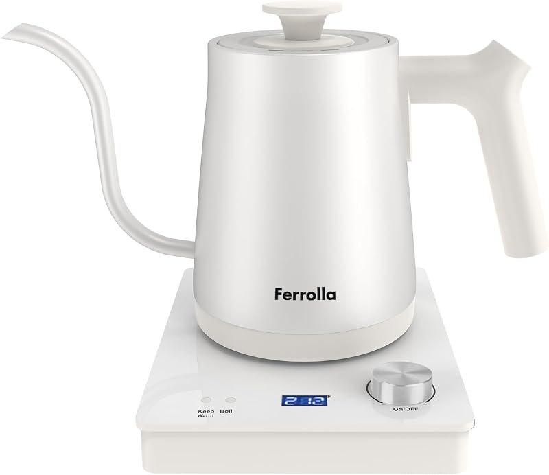 Electric Pour Over Gooseneck Kettle White with Digit LED Display and Dial Control,Stainless Steel Inner,1300W,0.8L —
