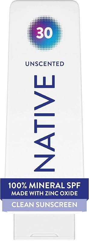 Native Mineral Sunscreen Lotion SPF 30, Unscented, with 100% Mineral Zinc Oxide for Face & Body, Hawaii Compliant