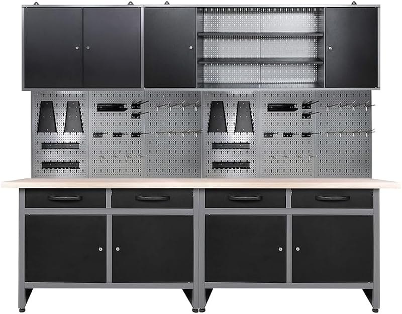 Storage Workbench System Set with Lockable Cabinet, Includes Metal Wall Cabinets Pegboards & Hooks, Wood Worktop for