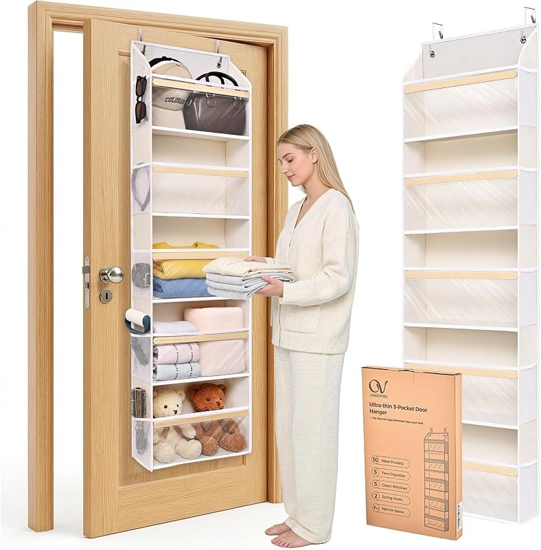 5 Tiers Natural Bamboo Over Door Organizer with 10 Mesh Side Pockets, 50 lbs Weight Capacity Hanging Storage Organizer