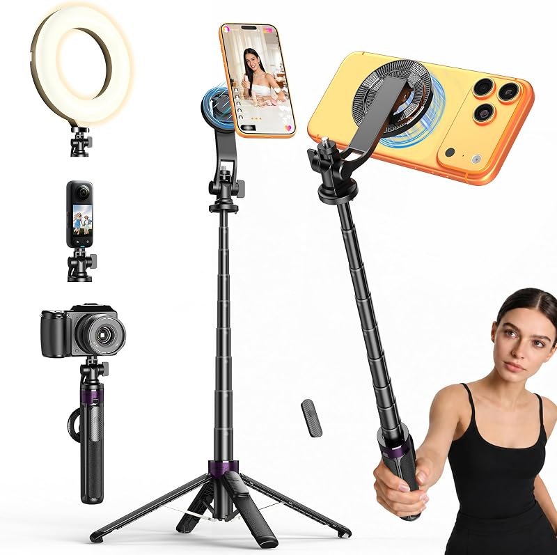 53" Magnetic Selfie Stick Tripod for Phone/Action Camera, 1/4" Mount — selfie stick for best phone tripod under 40