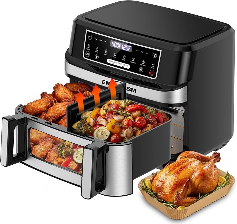 Emphsism 12QT Large Dual Zone Air Fryer with Removable Divider, 1 x 12QT Mega Zone or 2 Independent 6QT Zones