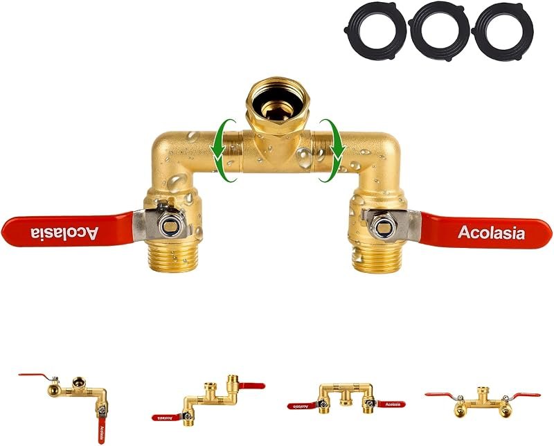 Hose Splitter 2 Way Heavy Duty Brass Garden Hose Splitter with 360° Rotatable, 304 Stainless Steel Long Handle Outdoor