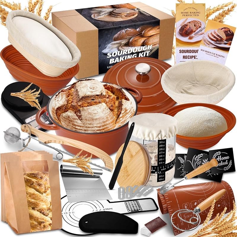 EWFEN Sourdough Starter Kit with Enamel Cast Iron Pot, Complete Sourdough Bread Baking Supplies, Round & Oval Bread