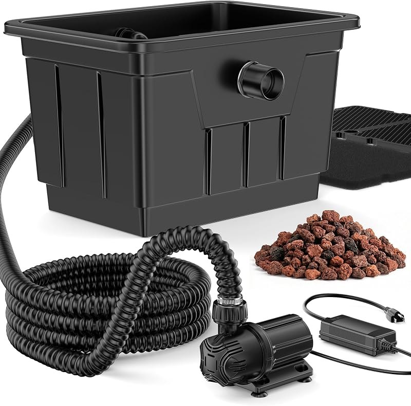 POPOSOAP Large Pond Filter Kit, 1200GPH Pond Filter with Quiet Pond Pump & 9.8FT Tube, Multiple Filtration System for