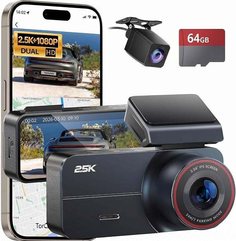 Dash Cam 2.5K Front Rear 64GB WiFi GPS 160° Night Vision — front rear for best dash cam travel compact