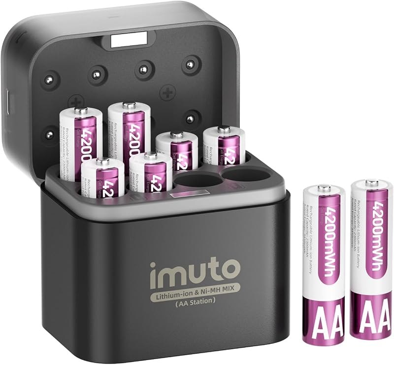 imuto Rechargeable AA Lithium Batteries, 4200mWh 8-Pack with 8-Slot Charger — batteries for best camping lantern