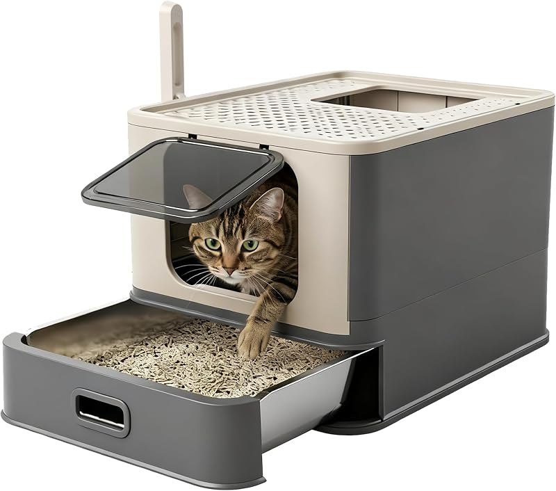 PAKEWAY XL Enclosed Stainless Steel Cat Litter Box with Pull-Out Drawer, Top Entry Leak-Proof Covered Design, Large