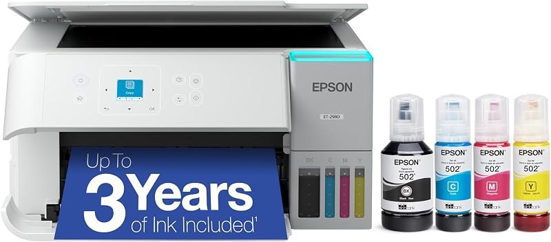 Epson EcoTank ET-2980 Wireless All-in-One Color Supertank Printer with up to 3 Years of Ink, Refillable Tanks, Perfect