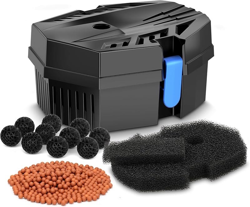 Antfraer Small Pond Filter Box - Pond Filter with Bio-Balls & Ceramic Rings, Submersible/Fountain Pump Compatible for