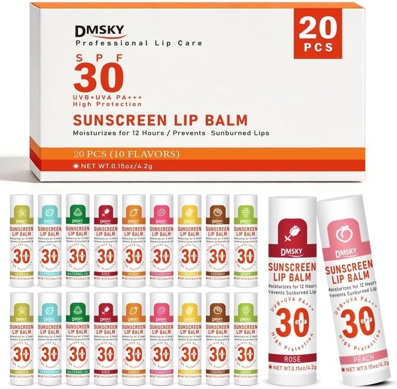 SPF 30 Sunscreen Lip Balm 20 Pack, Clear No White Cast, 10 Flavors — spf lip balm for lanolin lip balm under 30 budget