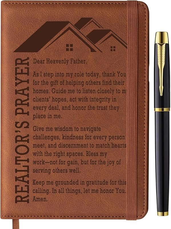 Realtor Gifts, Realtor’s Prayer Leather Refillable Journal Notebook 200 Lined Pages with Pen Closing Gift Real Estate