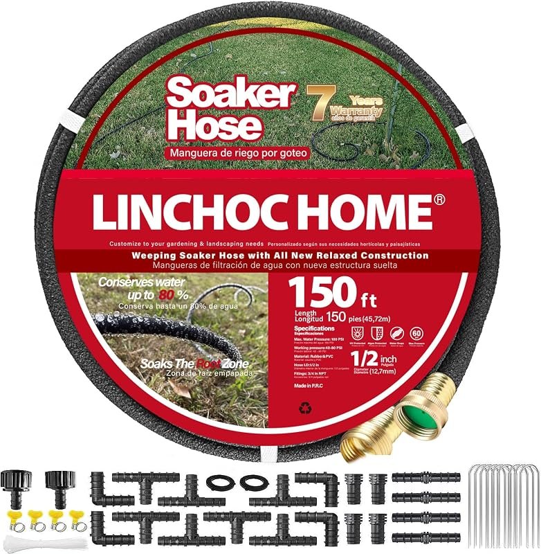 Soaker Hose 150FT 1/2 Inch with Solid Brass Connectors & Garden Stakes Kit, Flexible Leakproof Irrigation System for