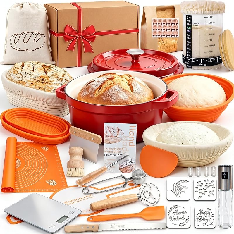 All-Inclusive Sourdough Starter Kit with Enameled Cast Iron Dutch Oven & Scale - Premium Bread Making Tools with 4