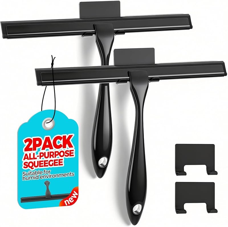 ALFLOD 2pcs Shower Squeegee for Glass Doors with Adhesive Hanging Hook Set — shower squeegee pack for shower squeegee