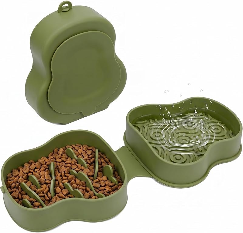Collapsible Dog Travel Bowl with Lid, Slow Feeder (Green) — slow feeder for best dog accessories travel compact