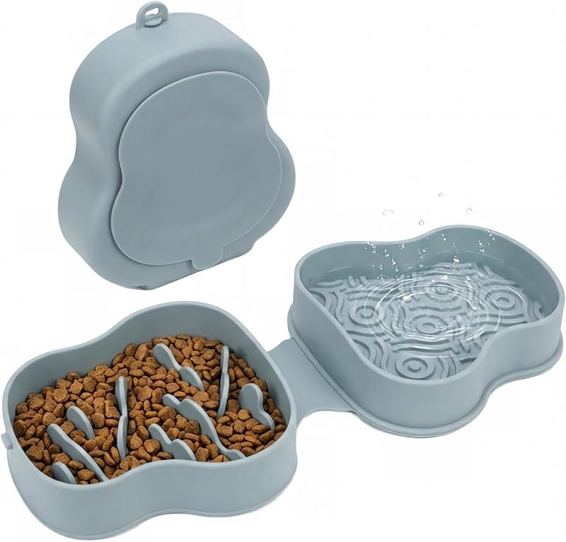 Collapsible Dog Travel Bowl with Lid, Slow Feeder (Bluish) — slow feeder for best dog accessories travel compact