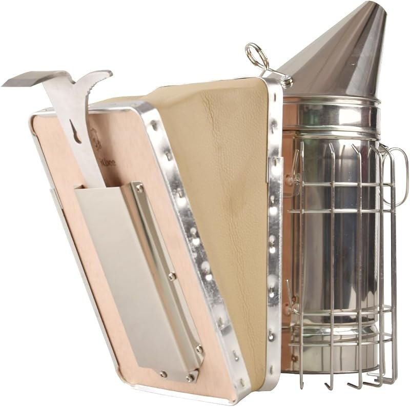 Beehive Smoker Kit with Hive Scraper - Heavy Duty Stainless Steel with Heat Shield Upgraded Leather Bellow — hive tool