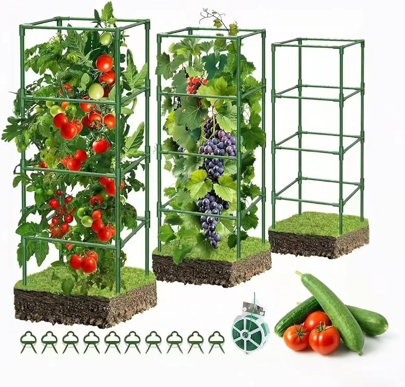 3 Pack Tomato Cages, 42 Inch Heavy Duty Metal Square Tomato Cage for Raised Garden Bed, Rust-Proof Sturdy Tall Tomato