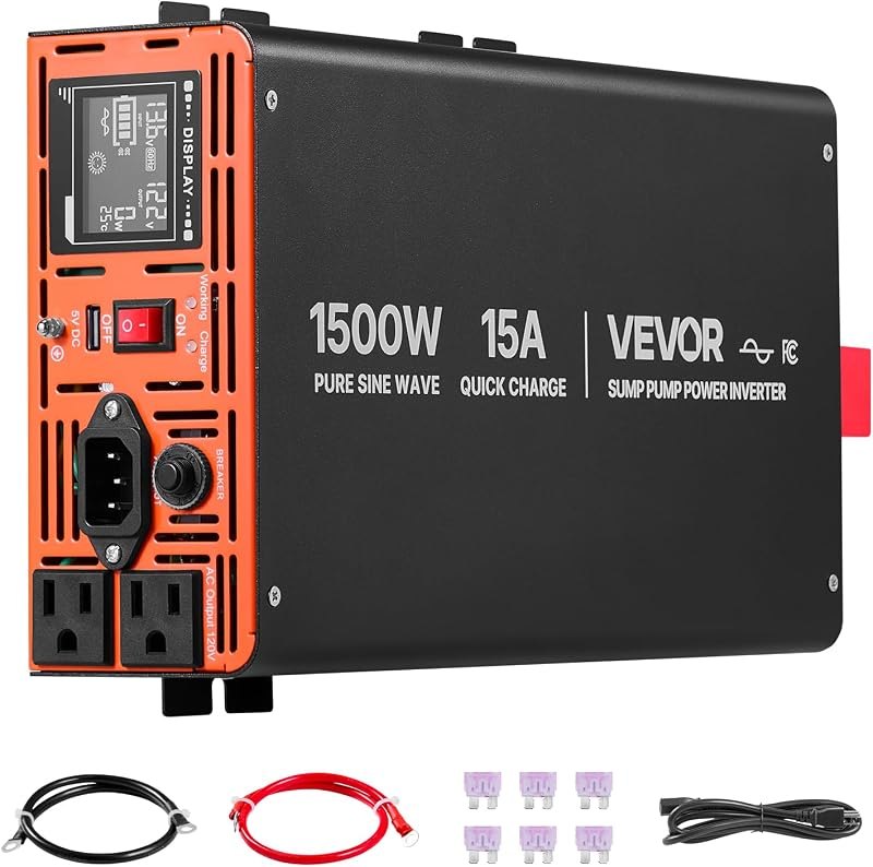 VEVOR 1500W Sump Pump Battery Backup System, LCD Display, Auto Switches to Battery Inverter Power for Sump Pump, Pure