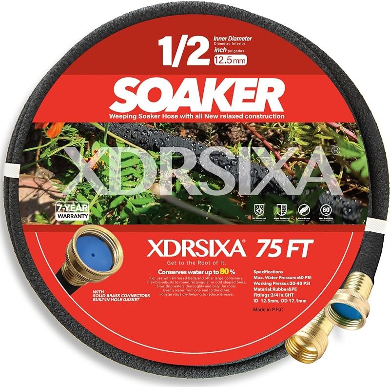 75FT 1/2" Heavy-Duty Soaker Hose with Solid Brass Connectors, Ultra-Flexible Even Water Flow — soaker hose for soaker