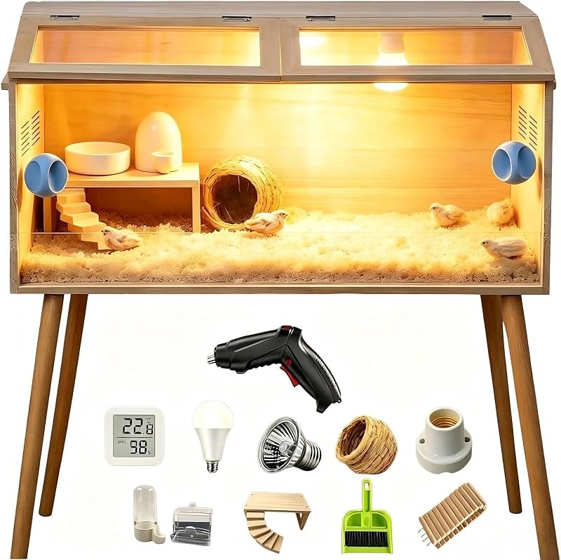 32"x16"x16" Brooder Box for Chicks, with 20In Legs Heat Lamp and Thermometer, Feeder, Waterer Toys Set for Chicks