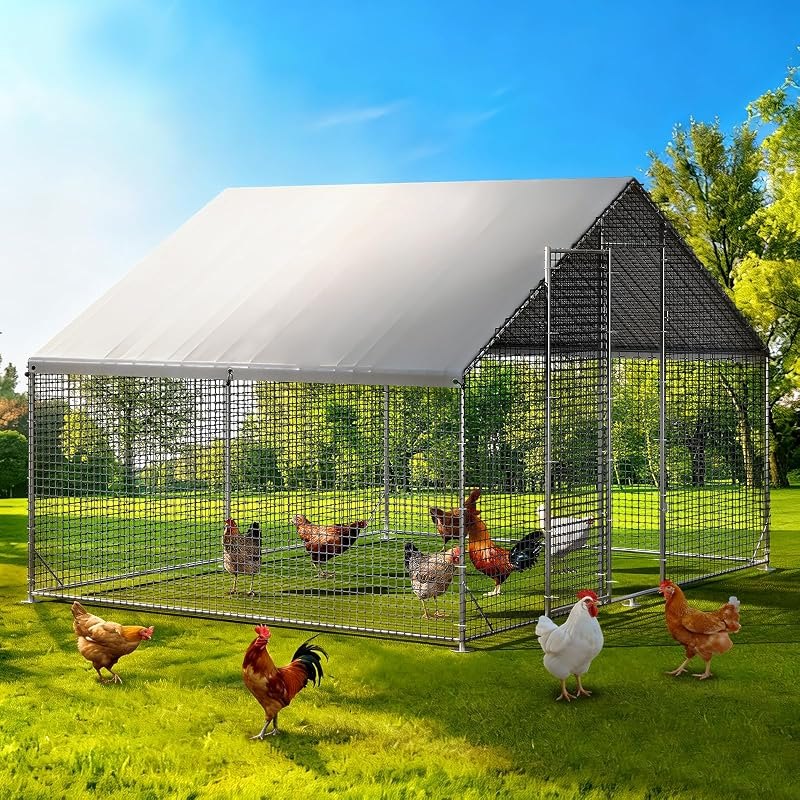 Large Walk-in Chicken Coop with Chicken Run, Galvanized Poultry Enclosure with Waterproof Anti-UV Cover and Security