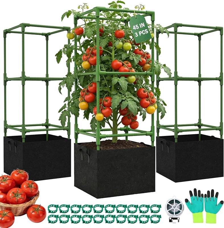 Uyittour 3 Pack Square Tomato Cages with Grow Bags, 45" Heavy Duty Square Tomato Trellis Plant Support for Raised