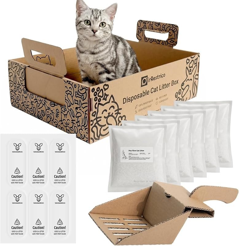 Cat Litter Travel Kit with Flushable Clumping Litter, Foldable Disposable Cardboard Litter Box & Scoop, Portable Cat